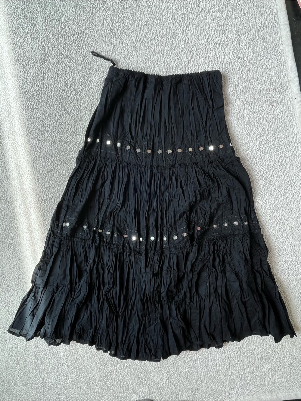 VINTAGE 90S ORIGINAL THREADS BLACK CRINKLE MAXI SKIRT 100% COTTON WOMENS MEDIUM